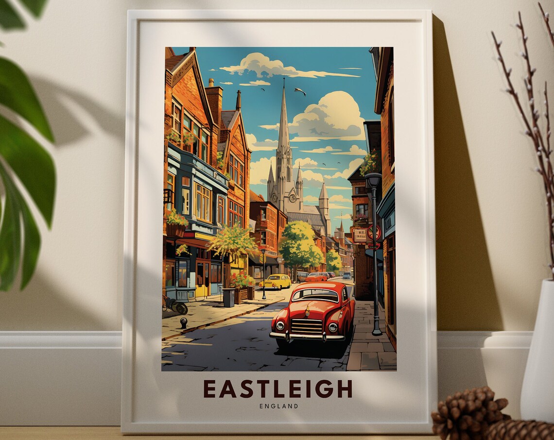 Eastleigh England Church Spire Street Vintage Car Travel Poster