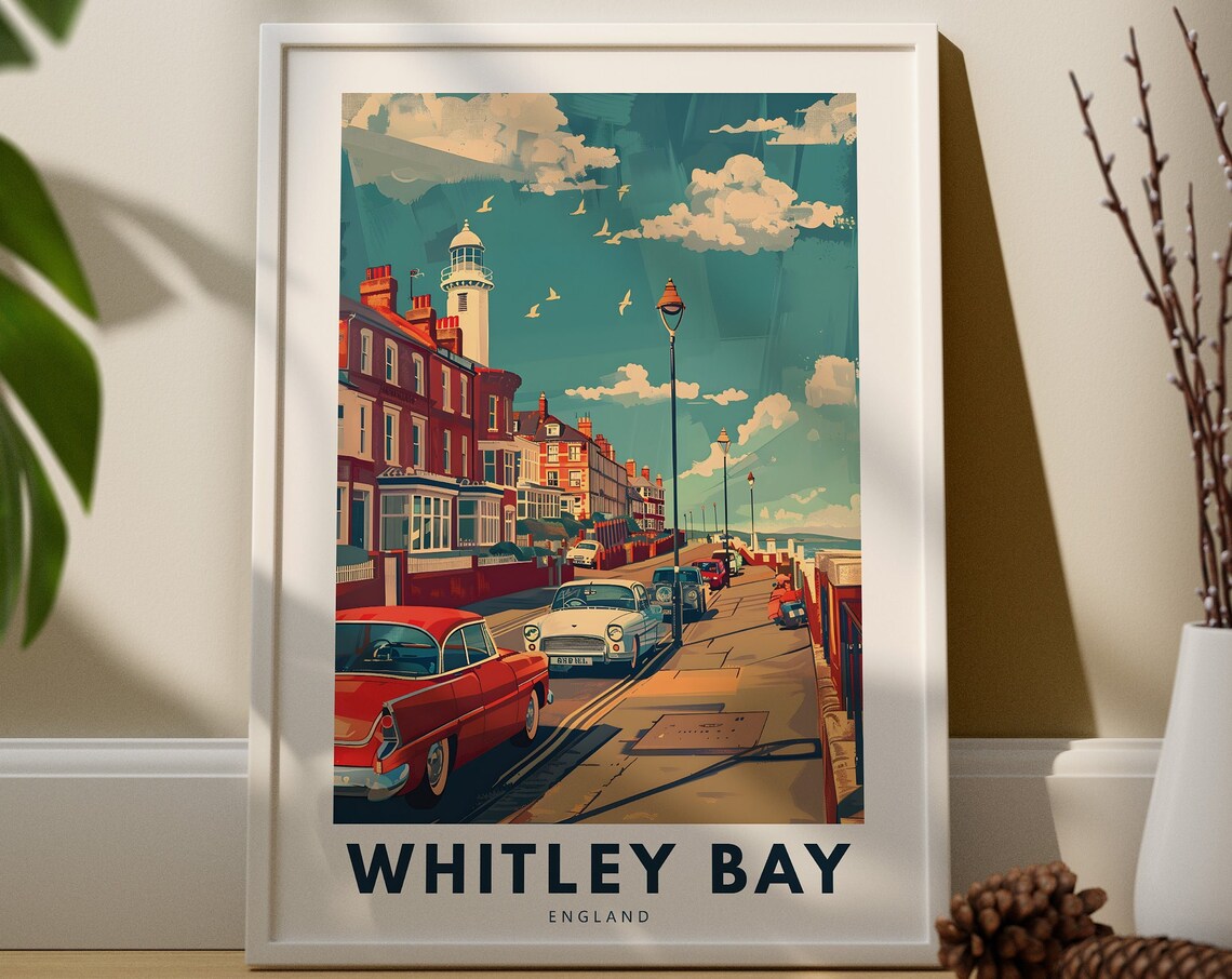 Whitley Bay England Travel Poster Of Seaside Street Lighthouse Cars