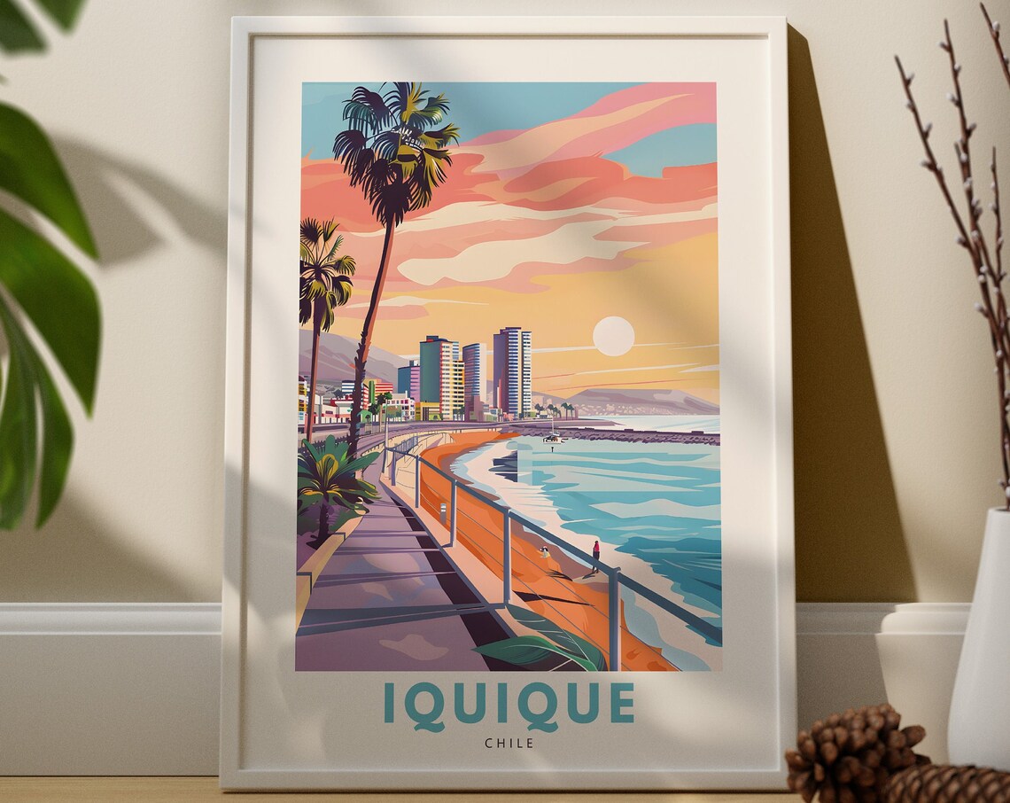 Iquique Chile Sunset Beach Boardwalk Palm Trees Travel Poster