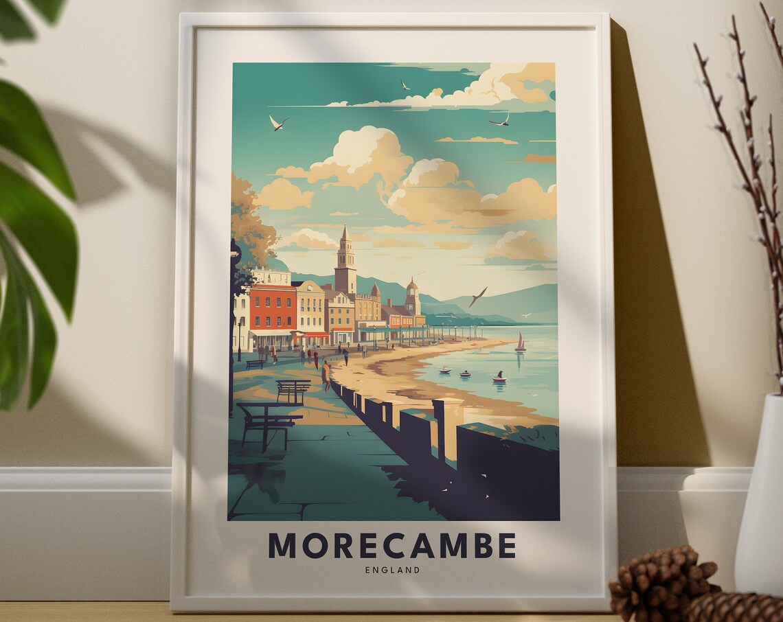 Morecambe England Travel Poster Of Seafront Promenade And Sailboats