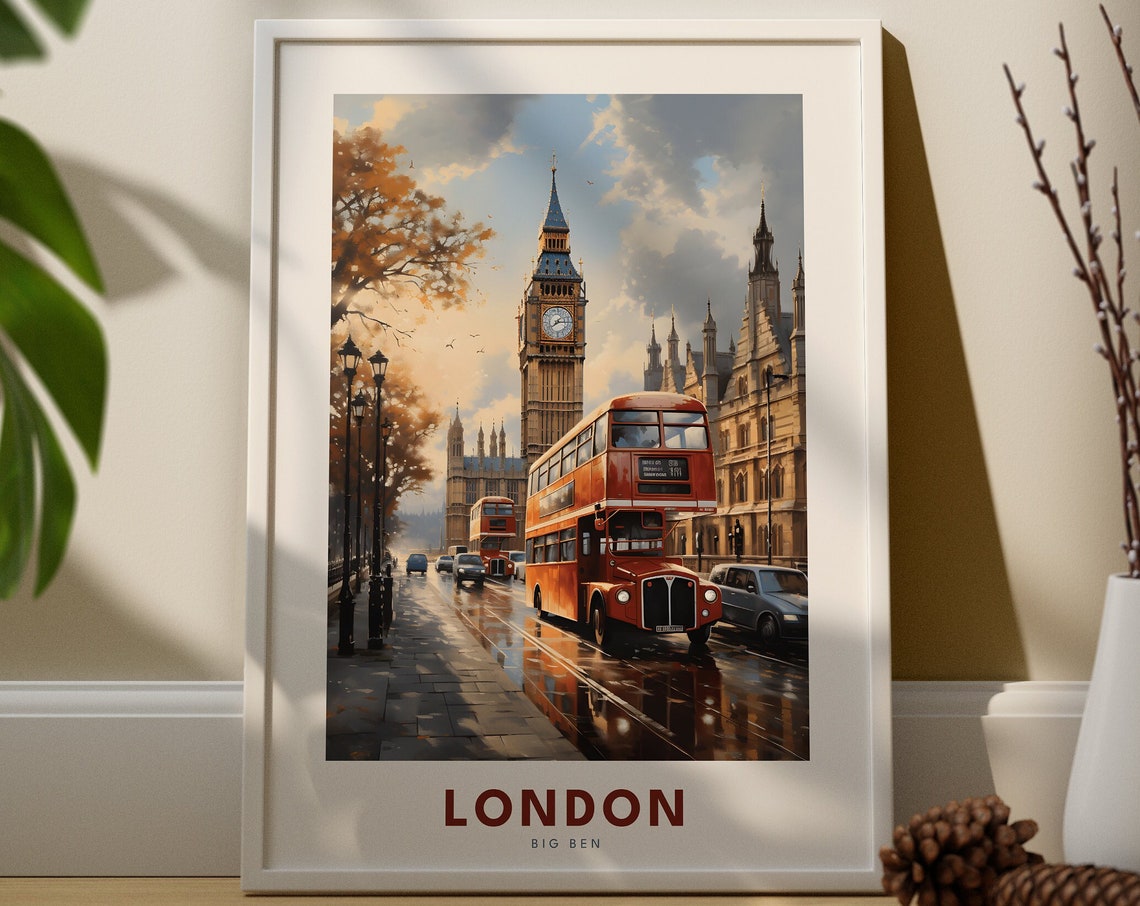London Big Ben Red Double Decker Bus Retro Travel Poster Street Scene