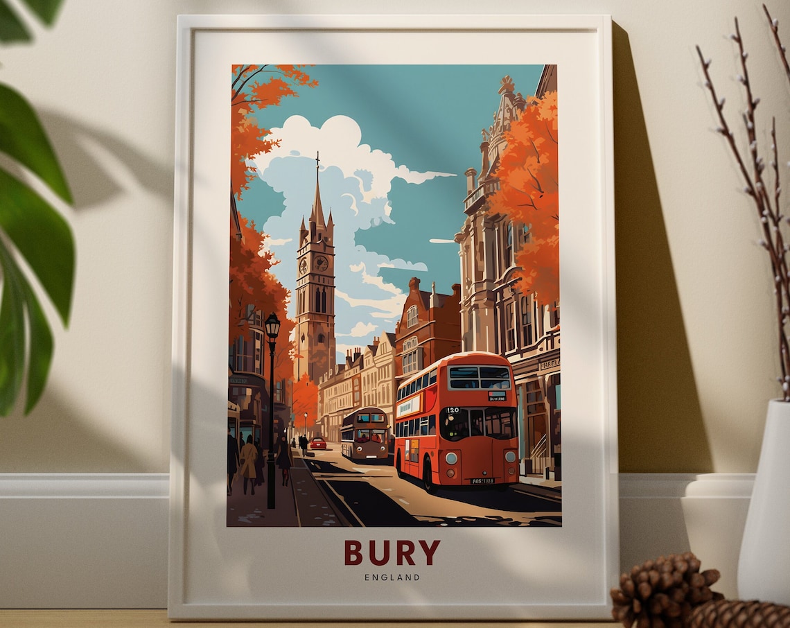 Bury England Vintage Travel Poster Red Double Decker Bus Autumn Street Art