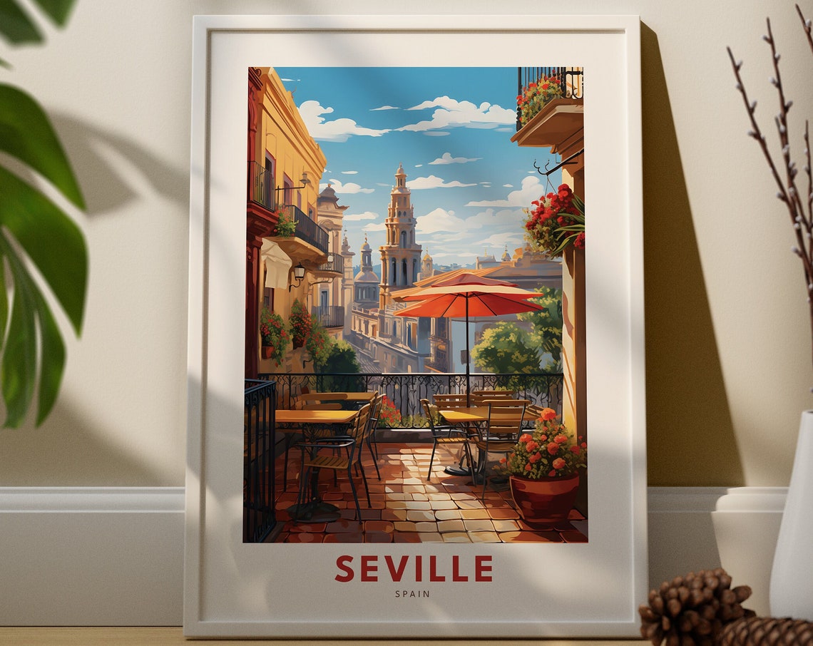 Seville Spain Travel Poster with Sunny Terrace Cafe View Decor