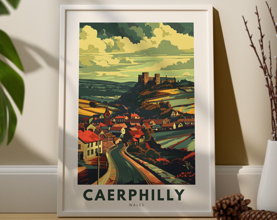 Caerphilly Wales Castle on Hill Village Vintage Travel Poster