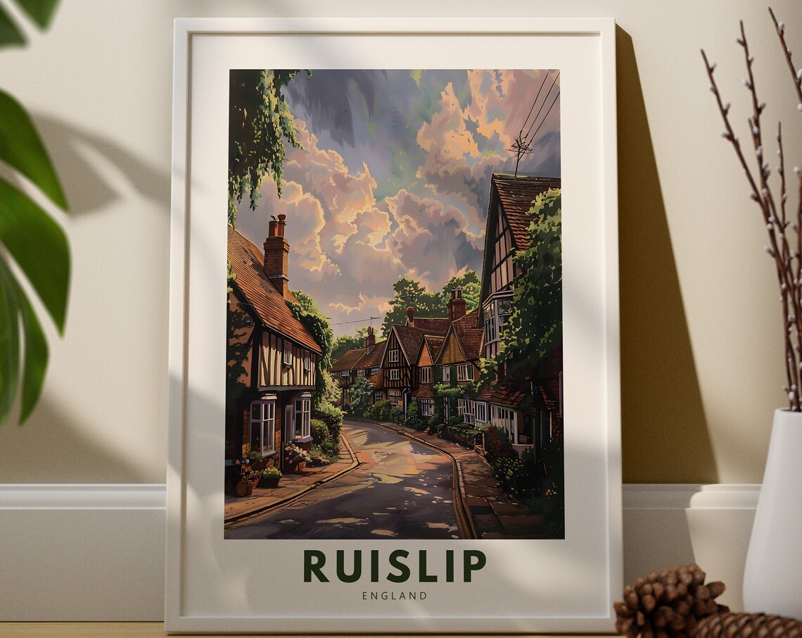 Ruislip England Retro Village Street Travel Poster Tudor Cottages