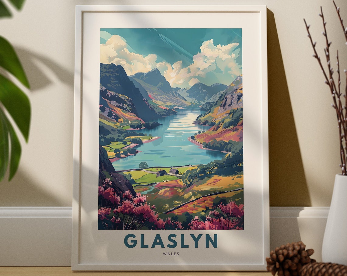 Glaslyn Wales Mountain Lake Vintage Style Illustrated Travel Poster
