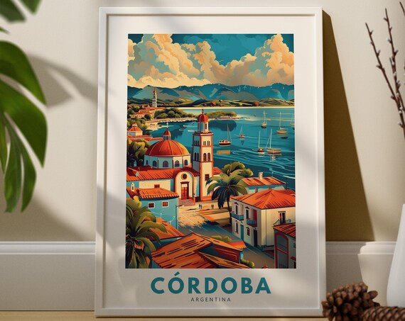 Cordoba Argentina Waterfront Church Boats Vintage Travel Poster