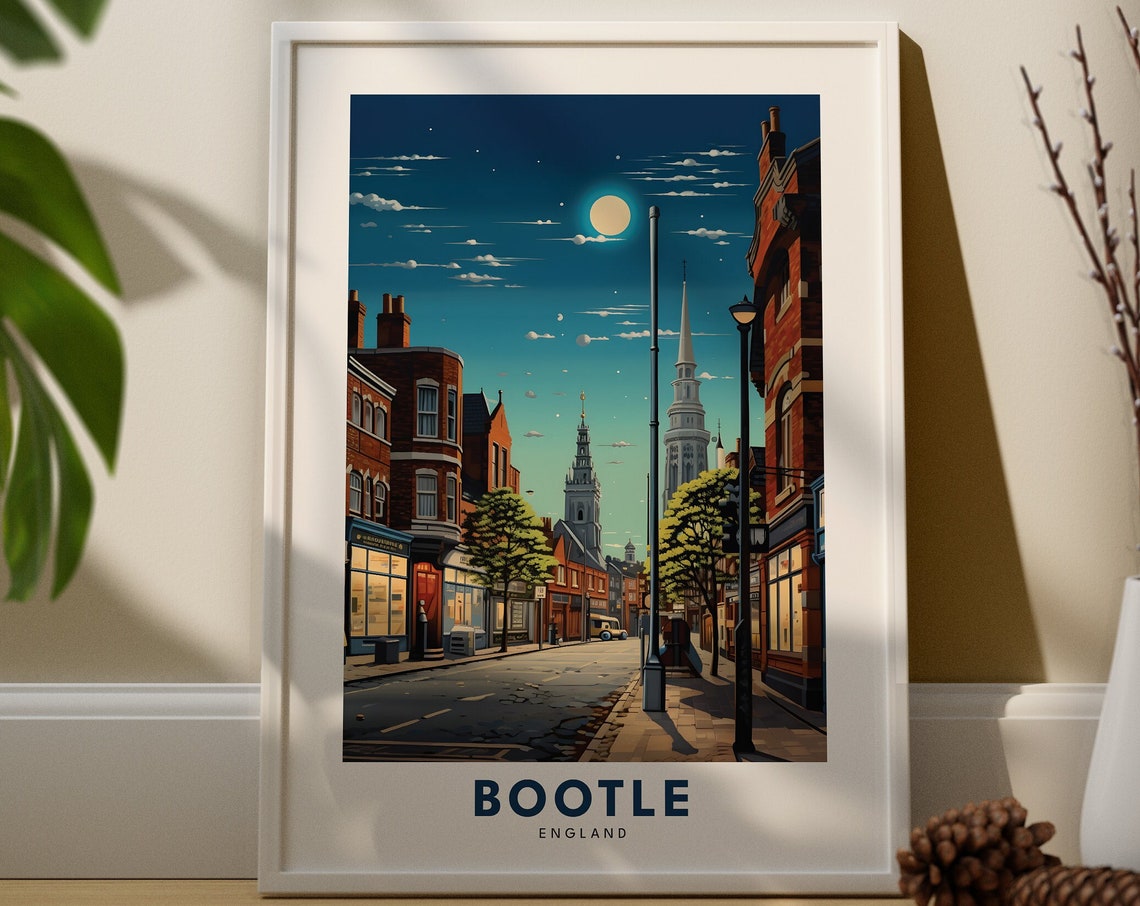 Bootle England Vintage Travel Poster Moonlit Street Night Scene