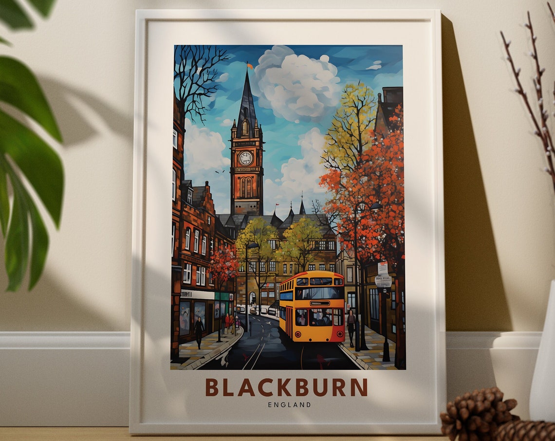 Blackburn England Clock Tower Double Decker Bus Travel Poster