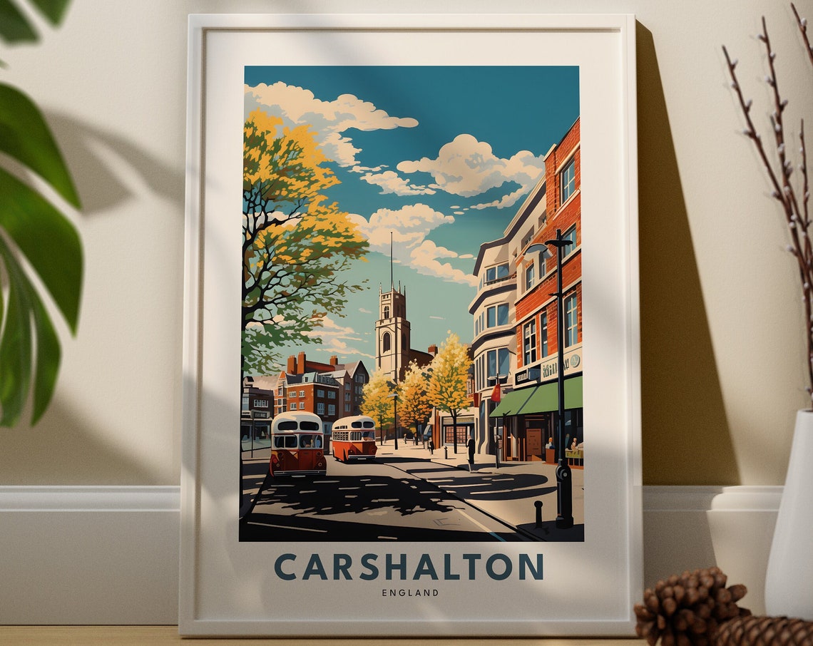 Sunny Carshalton England Vintage Street with Buses Travel Poster