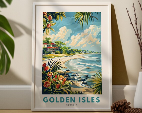Golden Isles Georgia Vintage Travel Poster Beach Ocean Tropical Flower Scene
