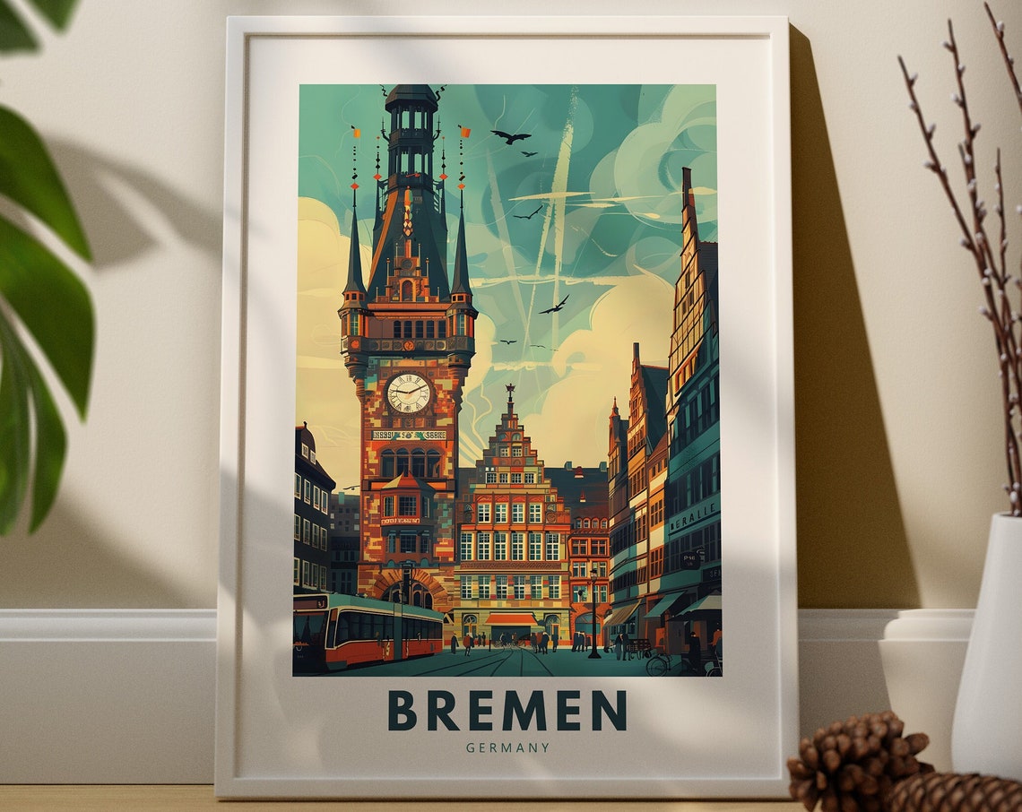 Bremen Germany Vintage Travel Poster Historic Clock Tower Scene