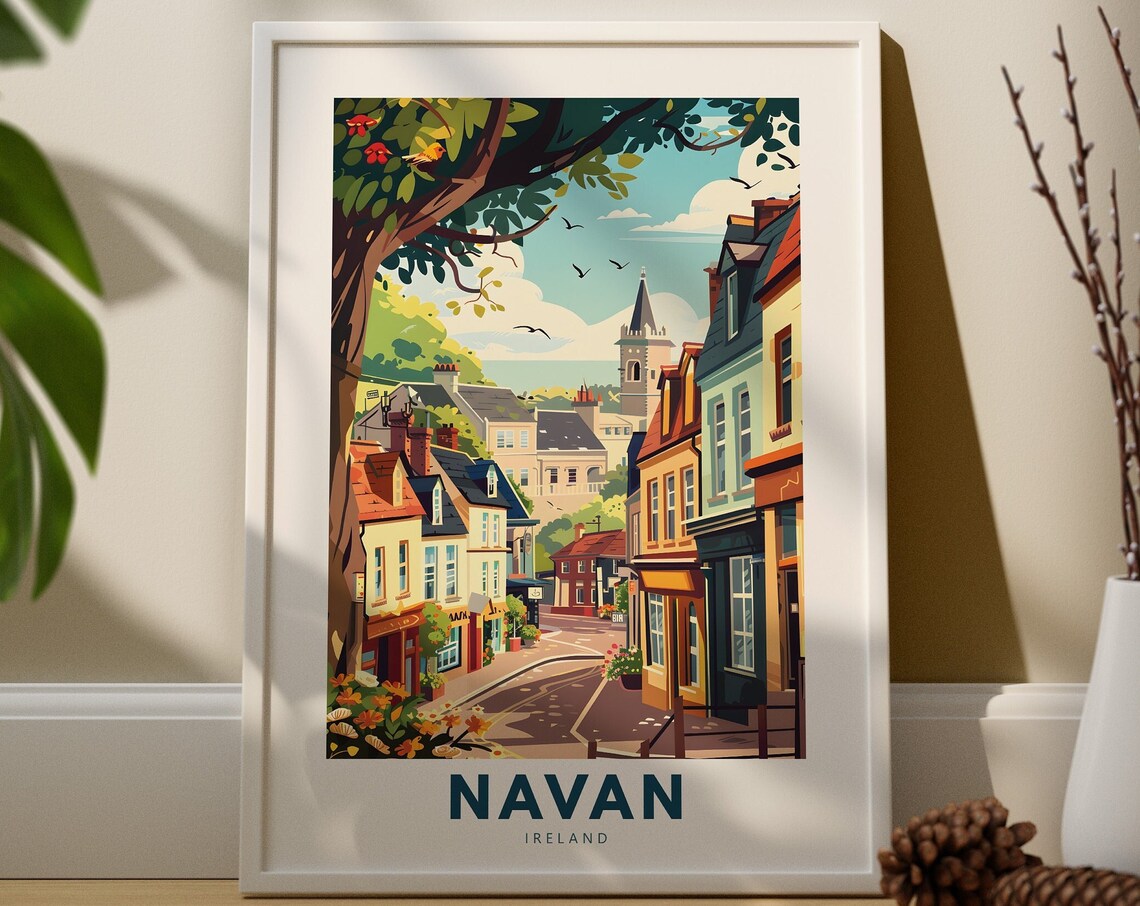 Navan Ireland Travel Poster Charming Town Street and Church Tower Art