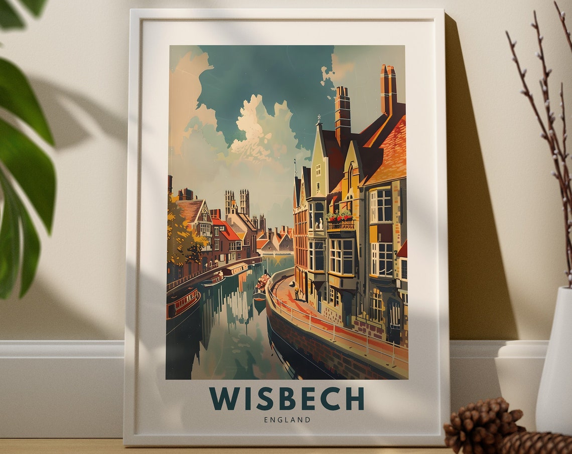 Wisbech England Canal Side Vintage Riverside Town Scene Travel Poster