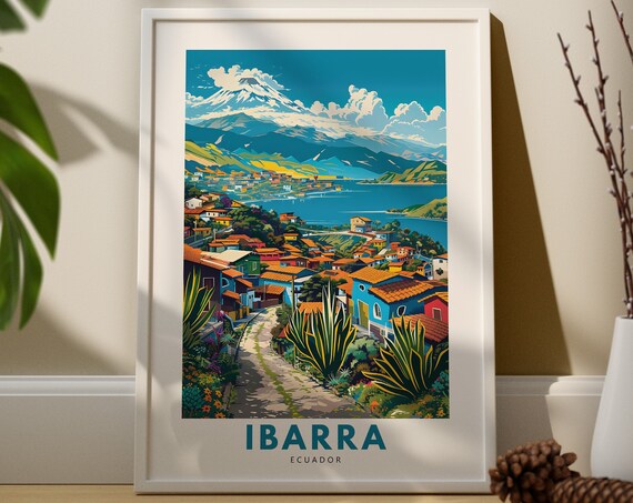Ibarra Ecuador Lakeside Town Volcano Travel Poster Colorful Art Decor