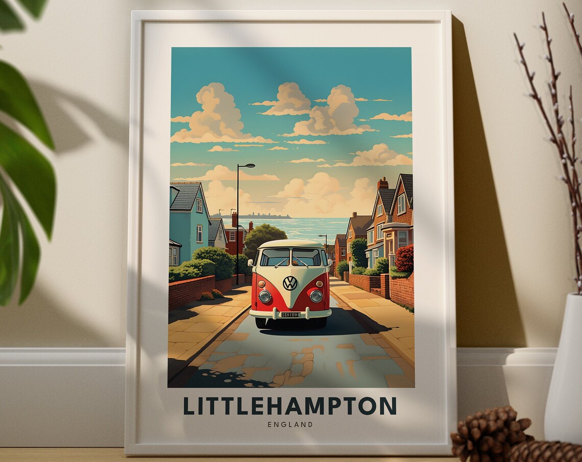 Littlehampton England Coastal Street Classic Camper Van Travel Poster
