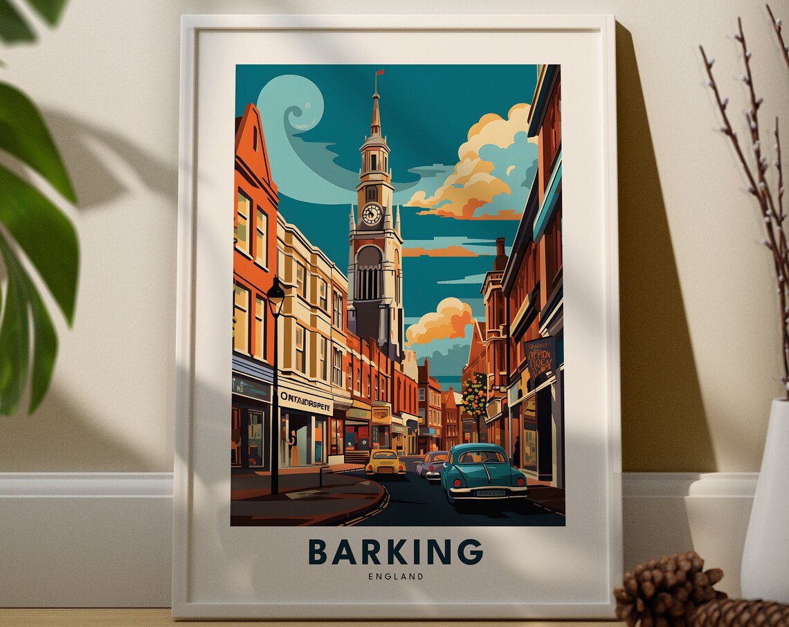 Barking England Travel Poster Church Clock Tower Vintage Street Scene