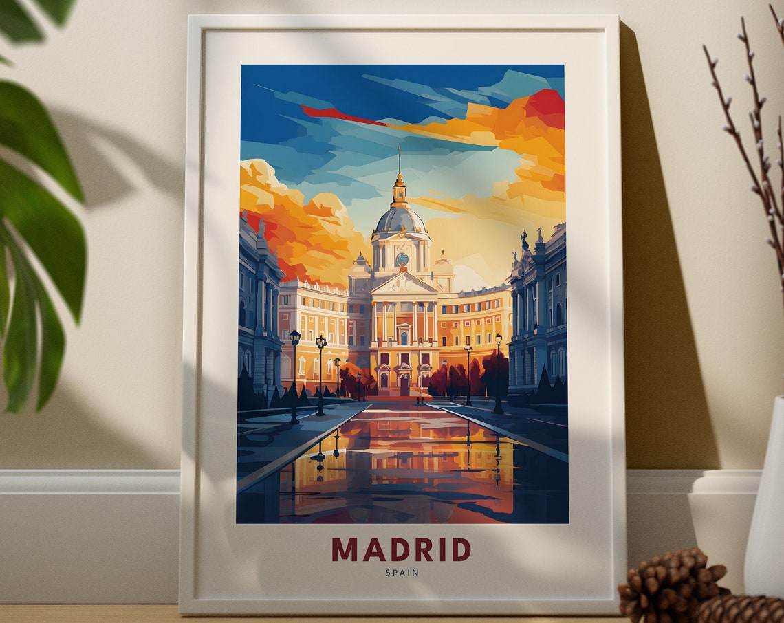 Madrid Spain Travel Poster Grand Palace Sunset Reflections Artwork