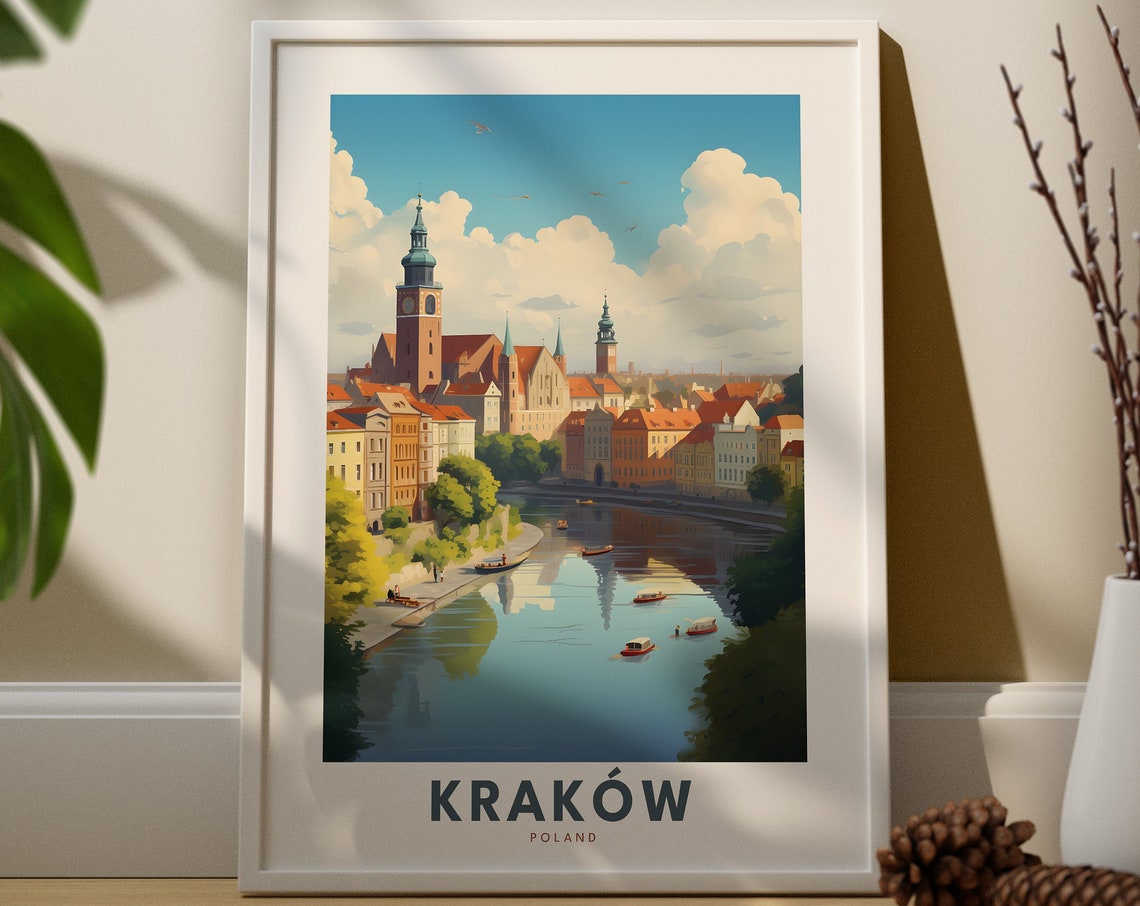Krakow Poland Riverside Old Town Churches Vintage Style Travel Poster