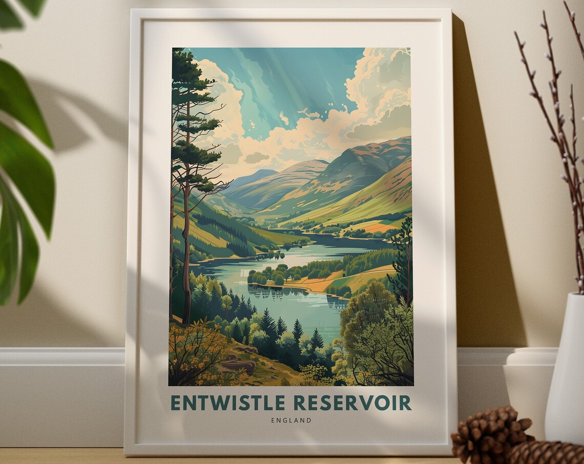 Entwistle Reservoir England Vintage Lake Mountain Travel Poster