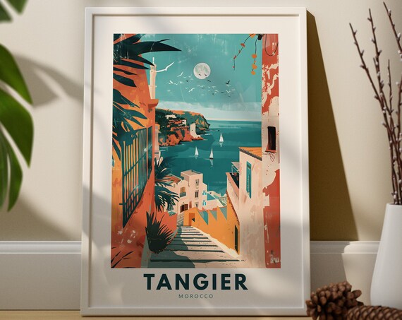 Tangier Morocco Coastal Alley Sea View Vintage Travel Poster Art