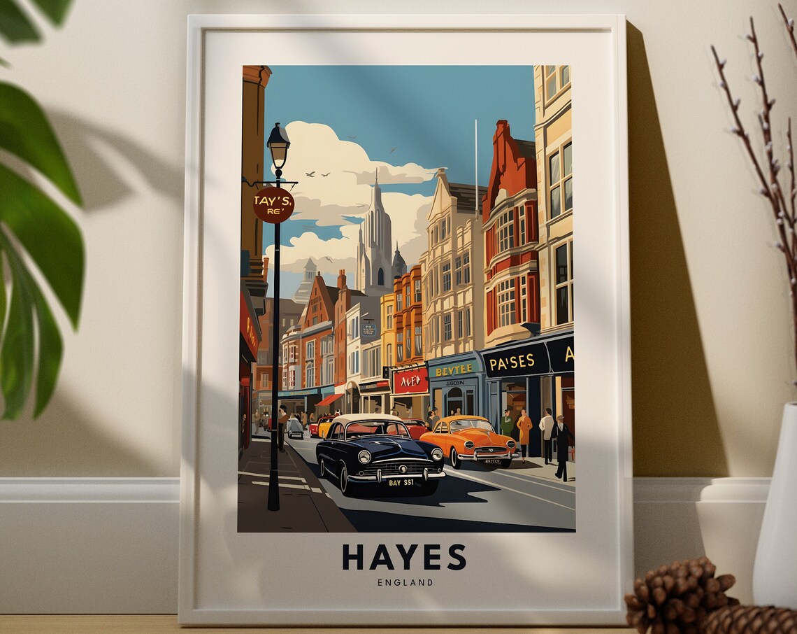 Hayes England Vintage High Street Classic Cars Travel Poster