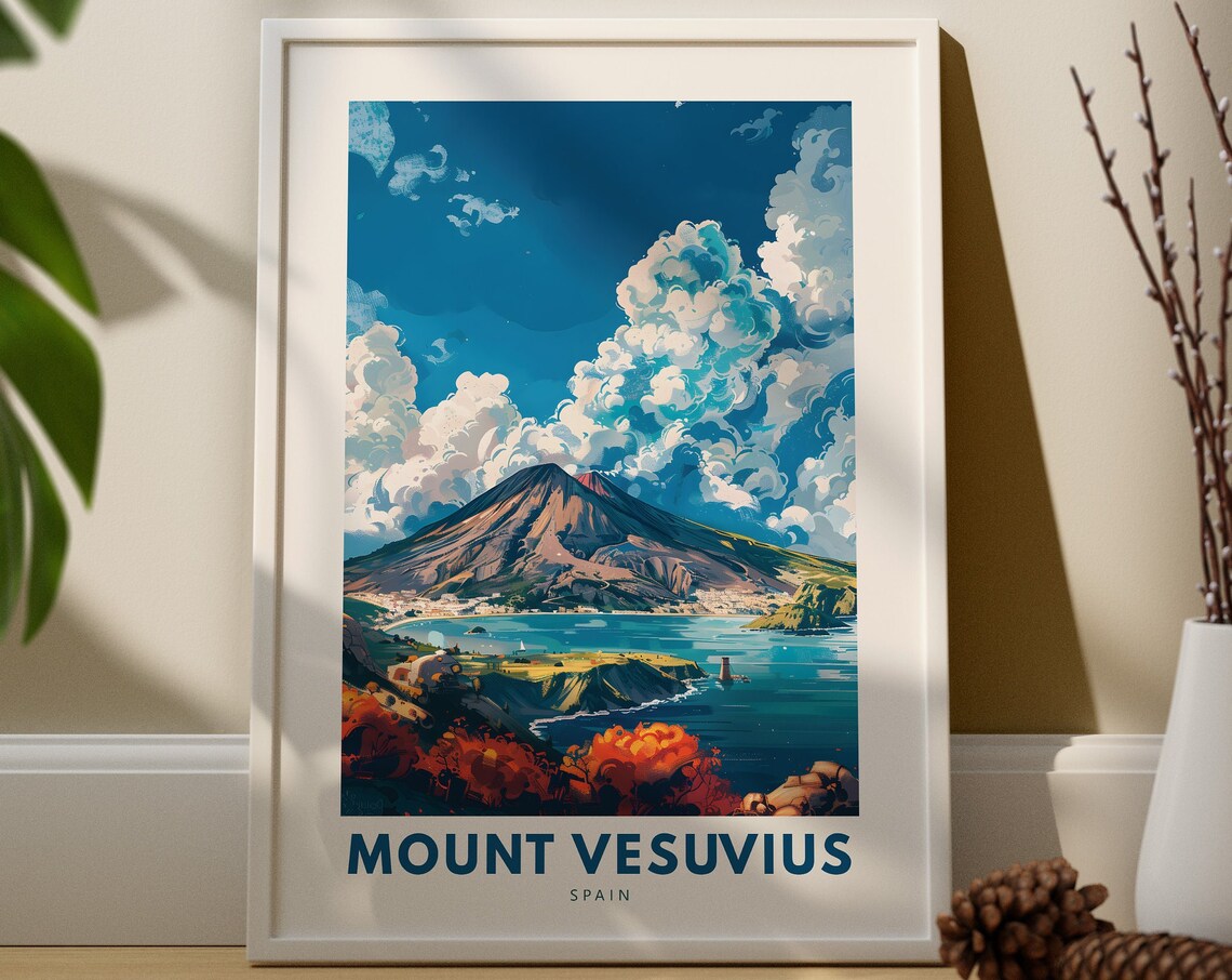 Mount Vesuvius Spain Dramatic Volcano Coast Vintage Travel Poster