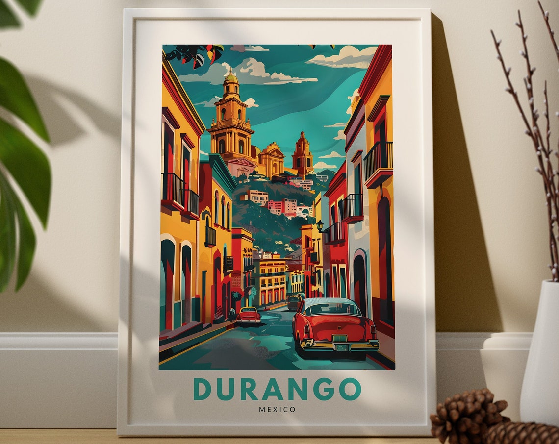 Durango Mexico Colonial Street Cathedral Vintage Travel Poster