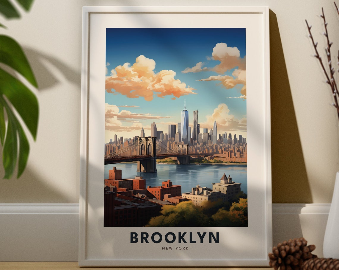 Brooklyn New York Bridge Manhattan Skyline Vintage Travel Poster Art