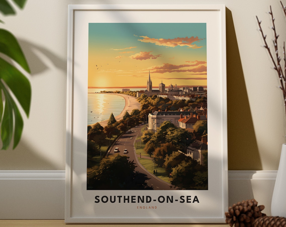Southend on Sea England Vintage Travel Poster Beach Sunset Scene