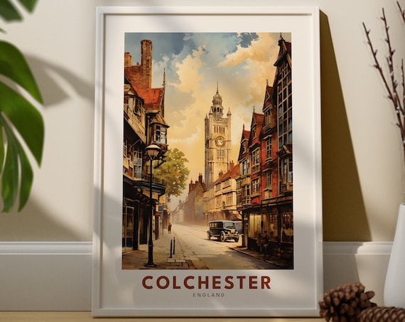Colchester England Vintage Street Clock Tower Travel Poster Art