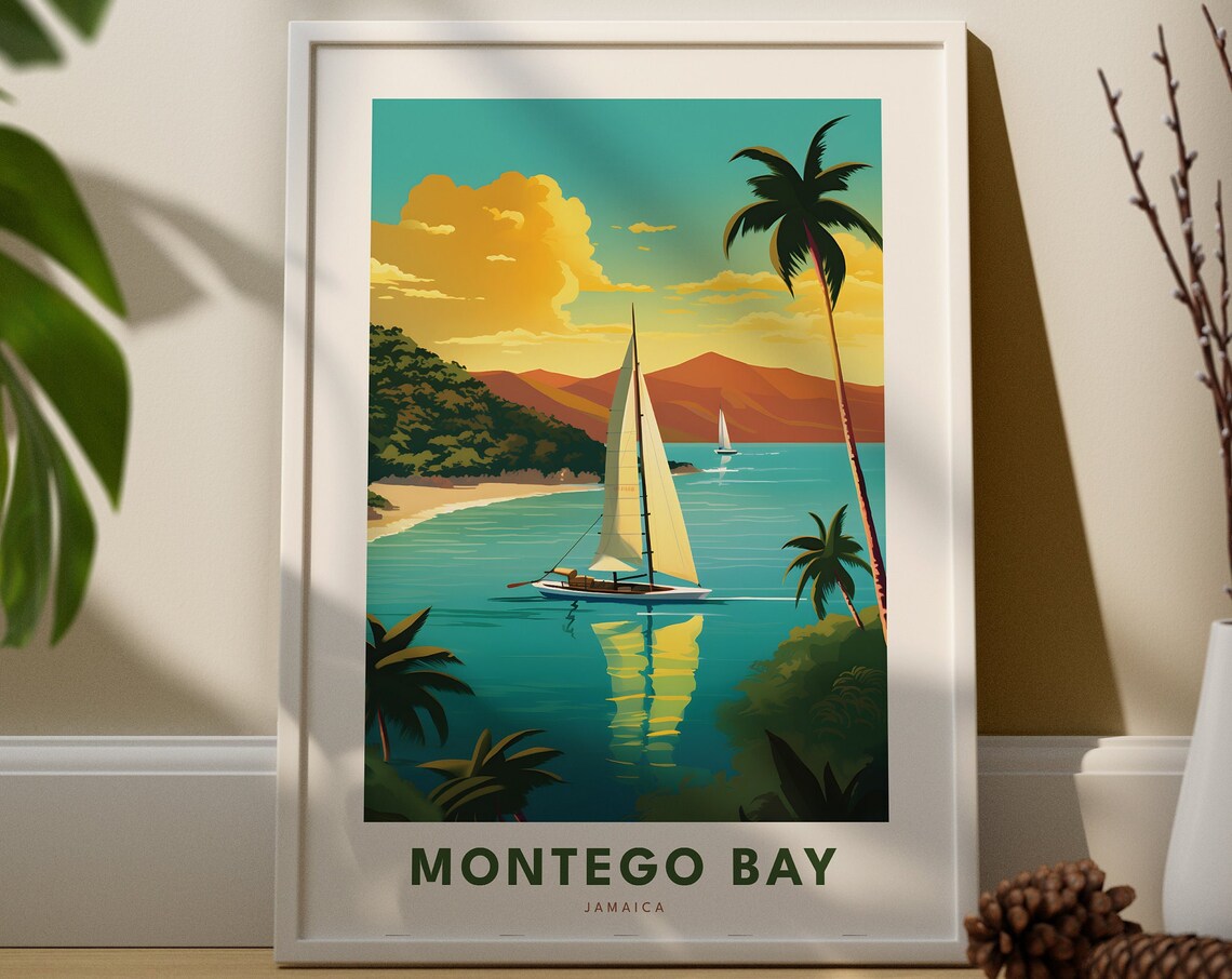 Montego Bay Jamaica Sailboat Tropical Beach Sunset Travel Poster