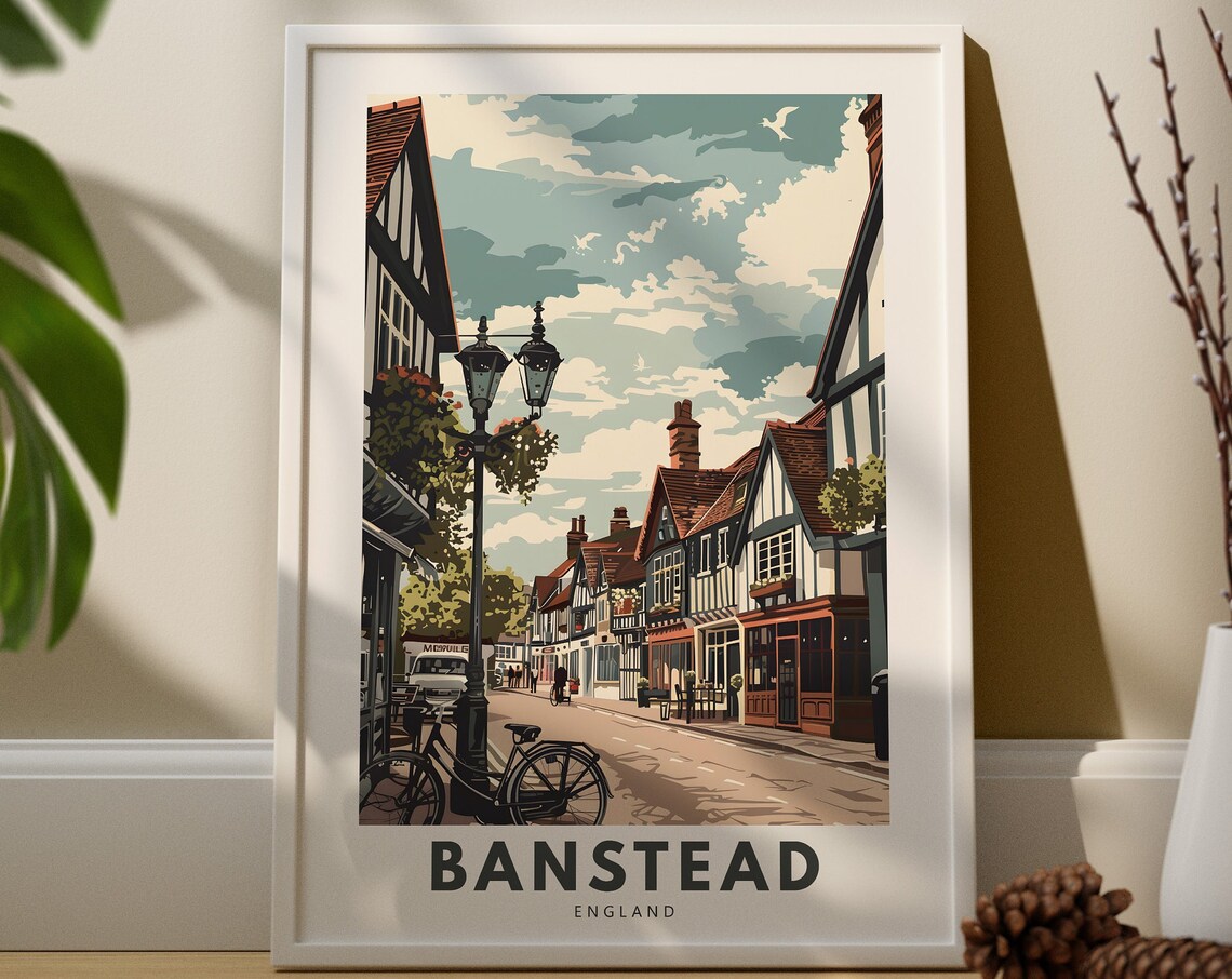 Banstead England Tudor High Street with Bicycle Vintage Travel Poster