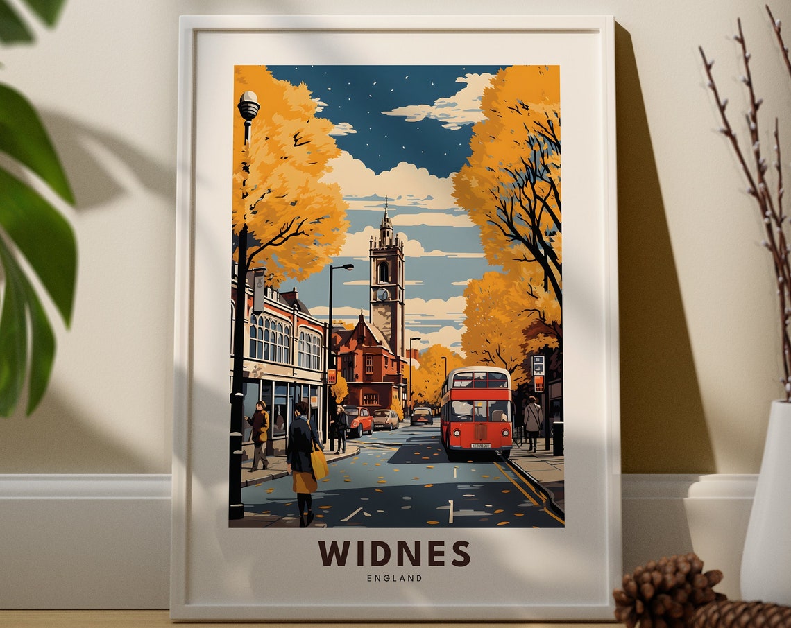 Widnes England Autumn Street Red Bus Clock Tower Travel Poster