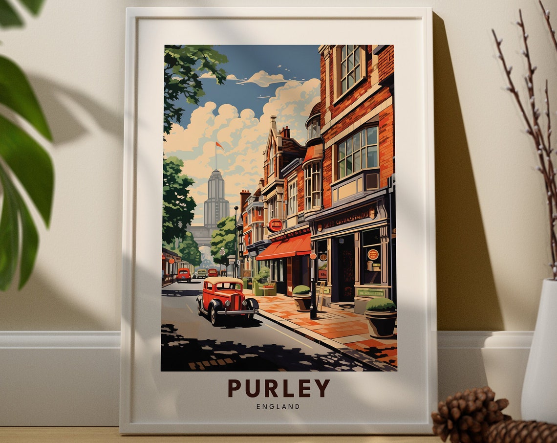 Purley England Retro High Street Classic Vintage Car Travel Poster