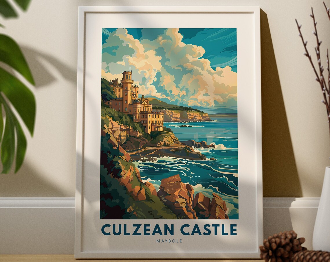 Culzean Castle Maybole Travel Poster Scottish Cliffs and Ocean Waves Art