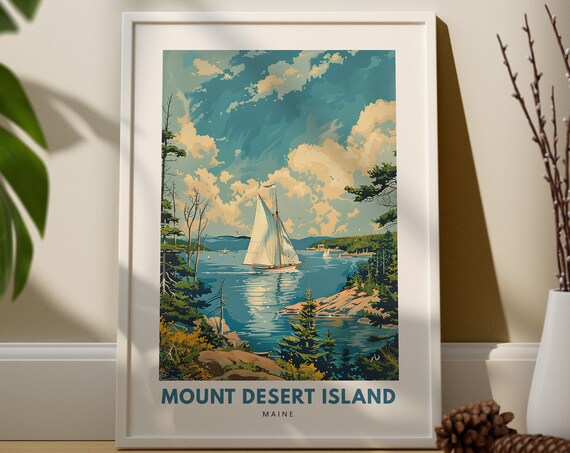 Mount Desert Island Maine Sailboat Coastline Retro Travel Poster