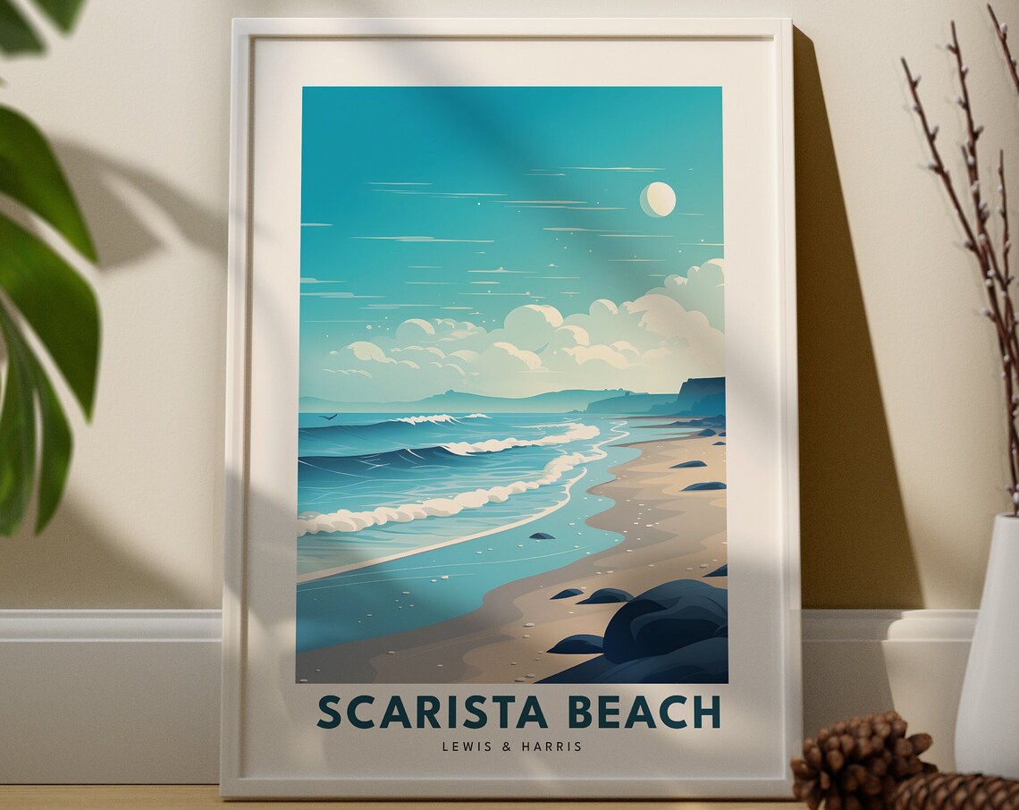 Scarista Beach Scotland Travel Illustration Waves Moon Sea Art Poster