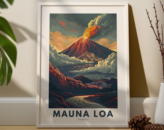 Stunning Mauna Loa Hawaii Erupting Volcano Vintage Travel Art Poster