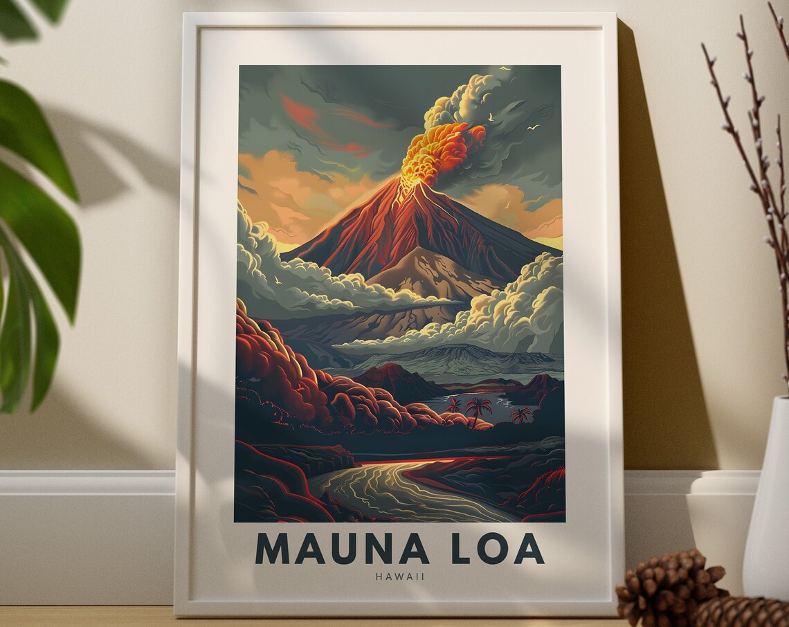 Stunning Mauna Loa Hawaii Erupting Volcano Vintage Travel Art Poster