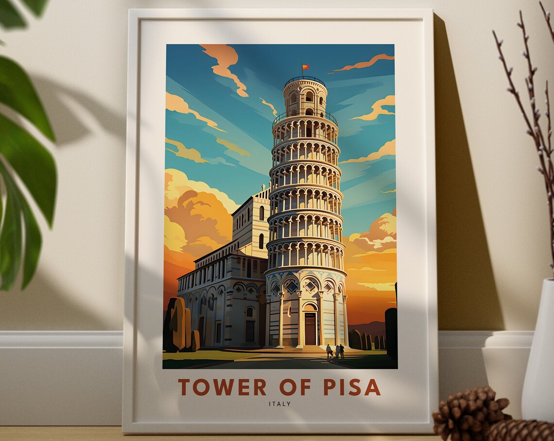 Leaning Tower of Pisa Italy Sunset Landmark Vintage Travel Print