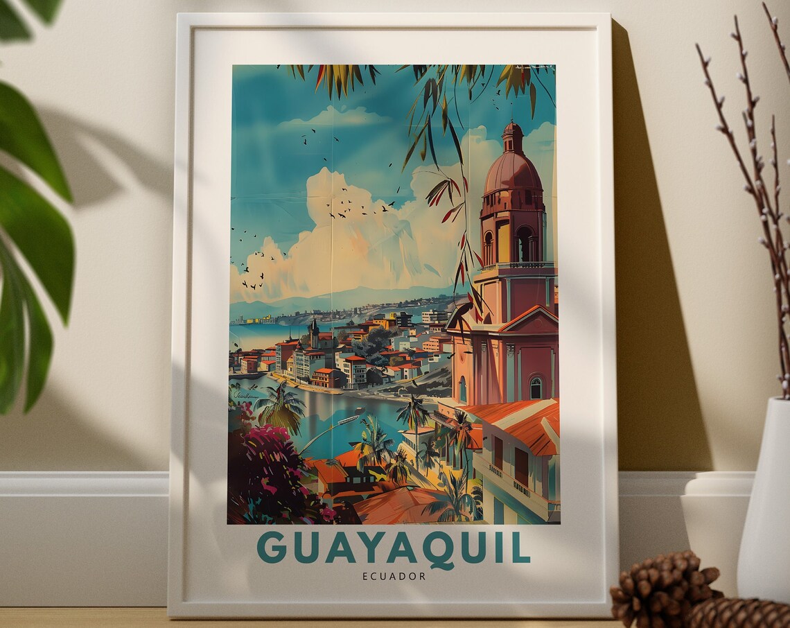 Vintage Guayaquil Ecuador Waterfront Church Dome Travel Poster
