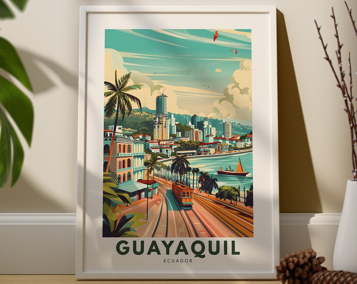 Guayaquil Ecuador Waterfront Tram Retro Travel Illustration Poster