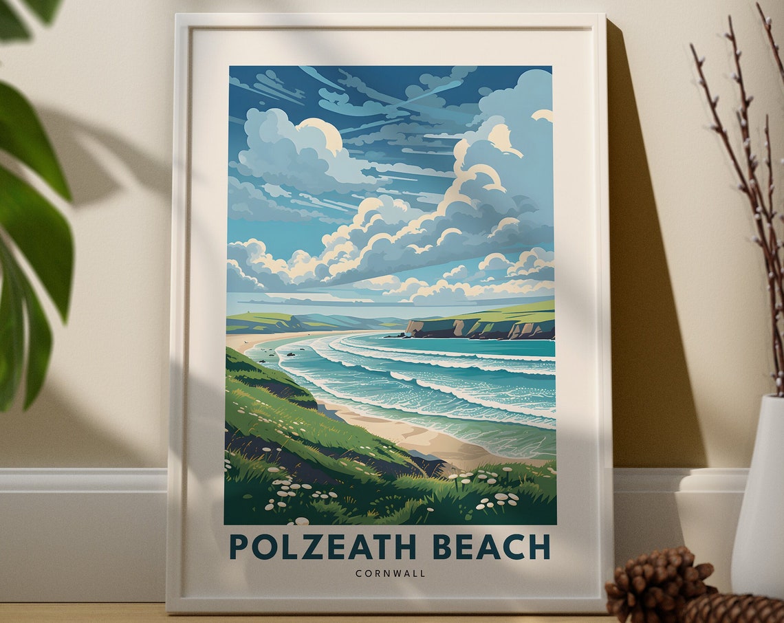 Polzeath Beach Cornwall Green Cliffs Coastline Travel Poster