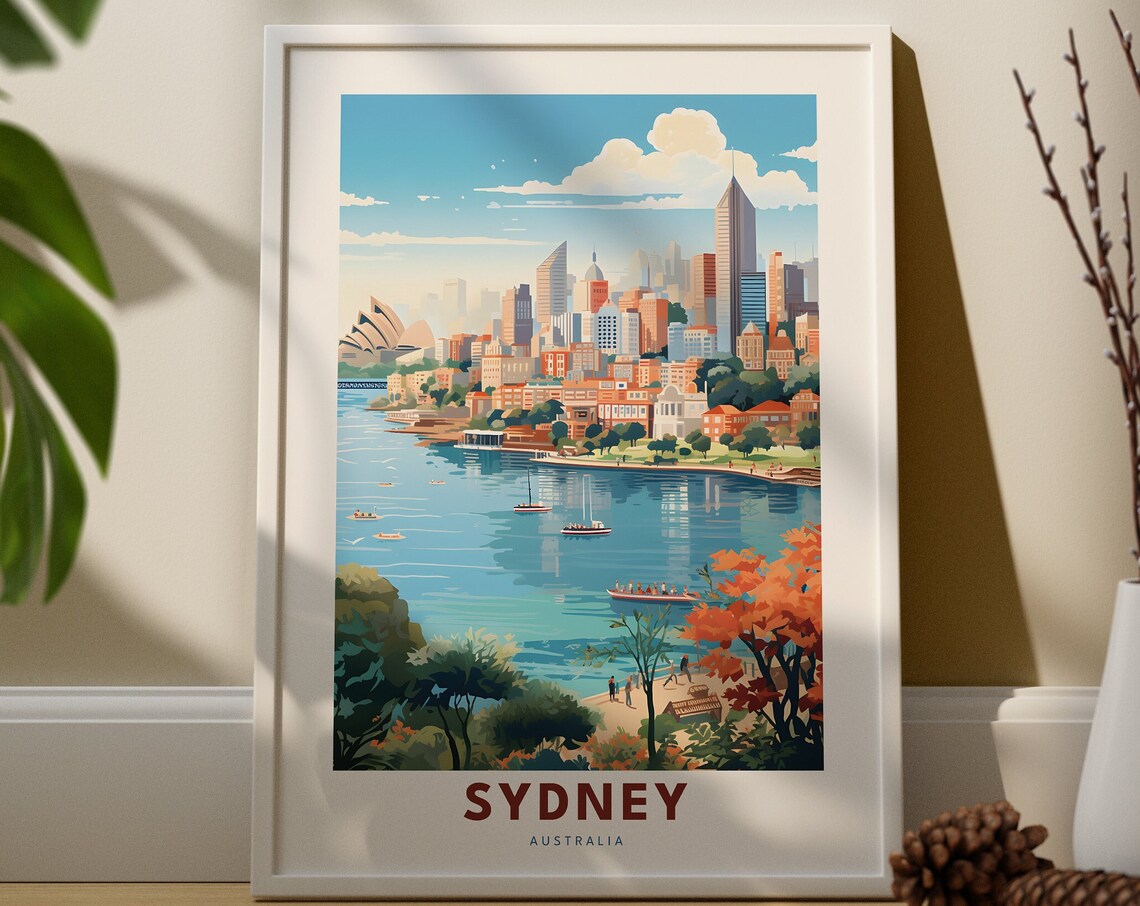 Sydney Australia Harbor Travel Poster Opera House Skyline Sailboats View
