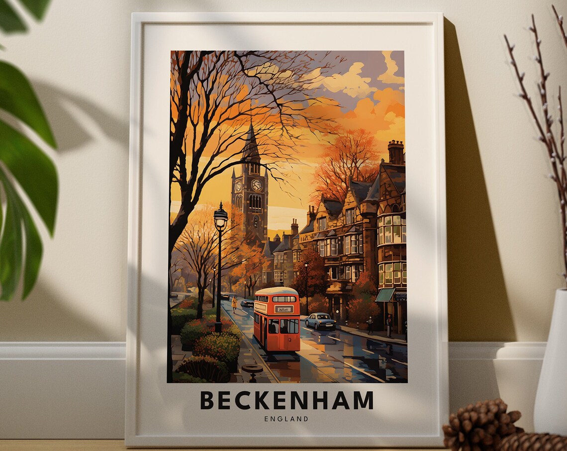 Beckenham England Red Double Decker Bus Autumn Clock Tower Travel Poster