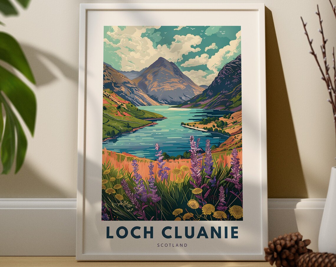 Loch Cluanie Scotland Vintage Mountain Lake Wildflowers Travel Poster