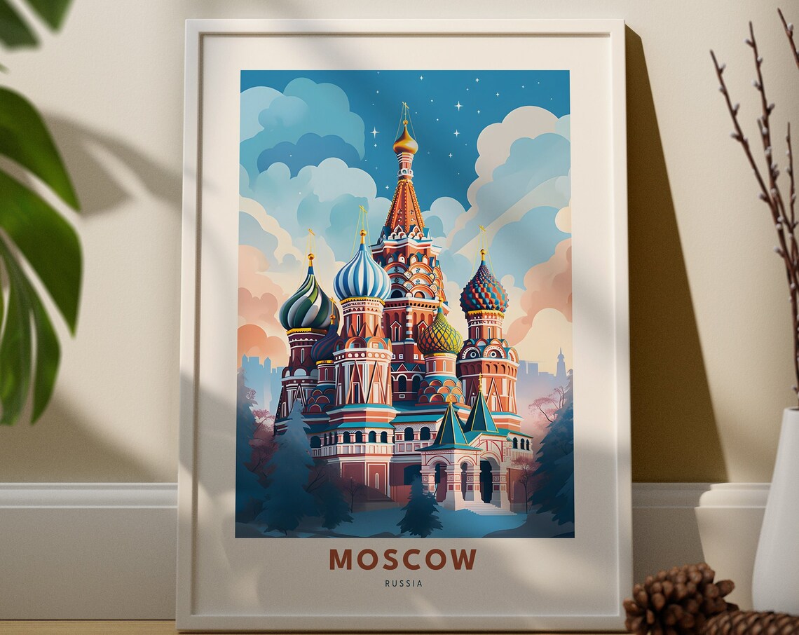 Moscow Russia St Basils Cathedral Starry Night Vintage Travel Poster