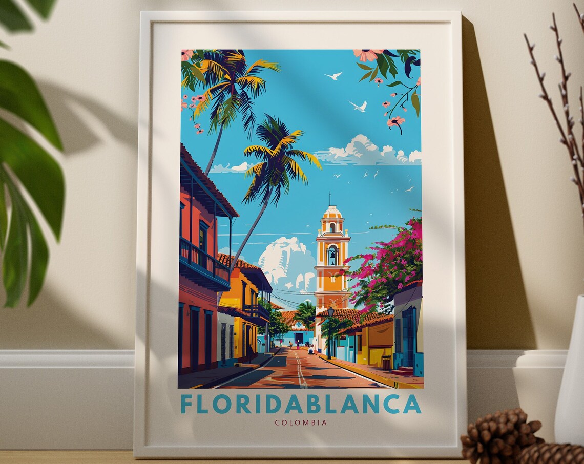 Floridablanca Colombia Colonial Street Palms Church Tower Travel Poster