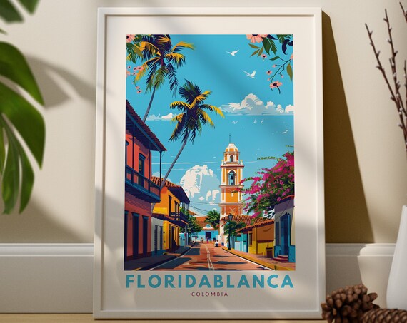 Floridablanca Colombia Colonial Street Palms Church Tower Travel Poster